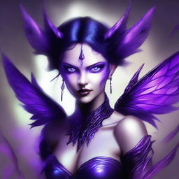 The image is a stunning digital art depiction of an evil fairy mage, adorned with purple highlights