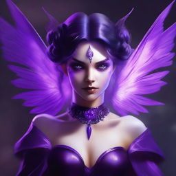 The image is a stunning digital art depiction of an evil fairy mage, adorned with purple highlights