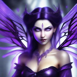 The image is a stunning digital art depiction of an evil fairy mage, adorned with purple highlights