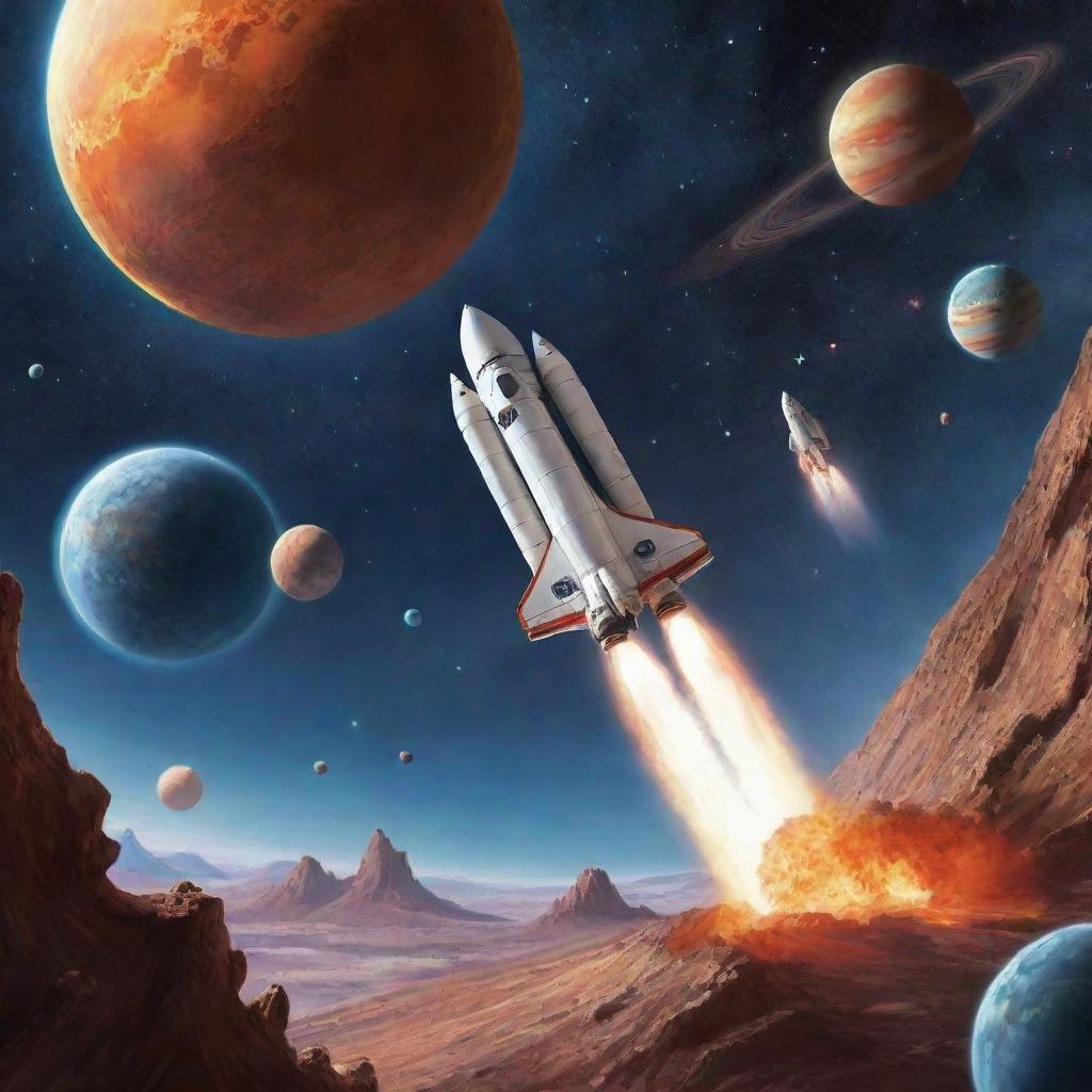 Advanced rockets soaring past vibrant planets as astronauts explore the mystery of outer space in an engaging space-themed setting.