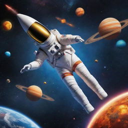 Advanced rockets soaring past vibrant planets as astronauts explore the mystery of outer space in an engaging space-themed setting.