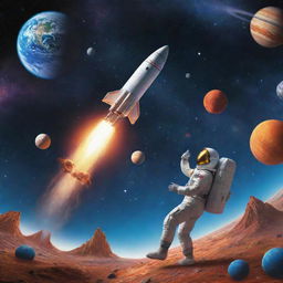 Advanced rockets soaring past vibrant planets as astronauts explore the mystery of outer space in an engaging space-themed setting.