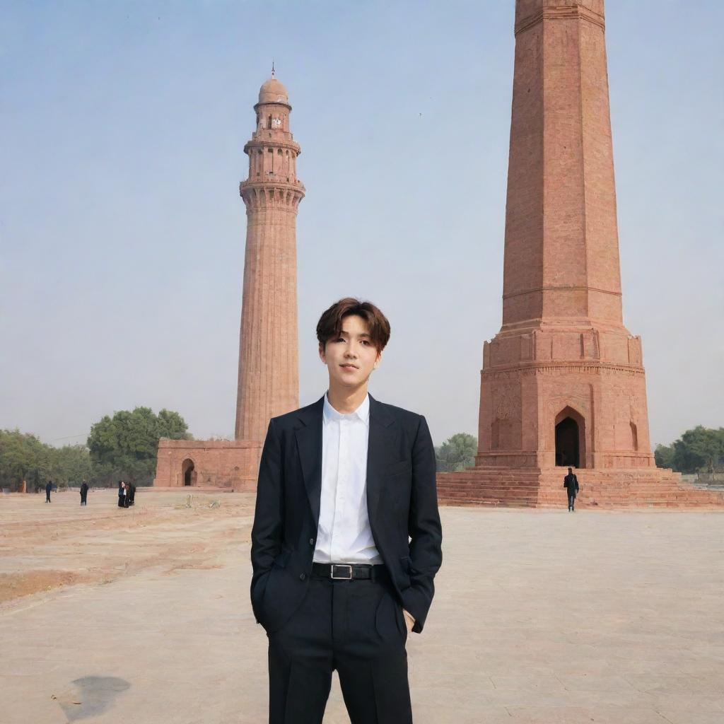 BTS member J-Hope standing near the Minar-e-Pakistan monument in a daytime setting