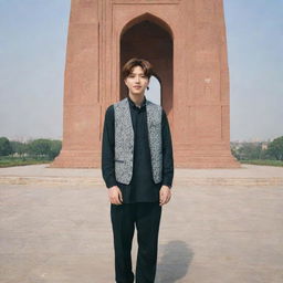 BTS member J-Hope standing near the Minar-e-Pakistan monument in a daytime setting