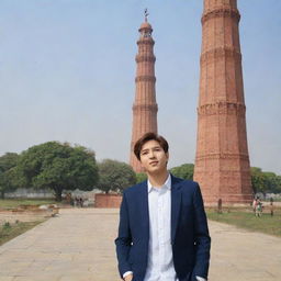 BTS member J-Hope standing near the Minar-e-Pakistan monument in a daytime setting