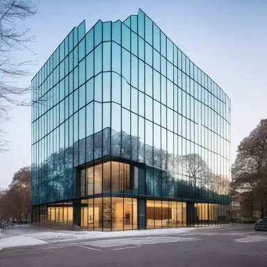The modern office building featured a stunning glass façade with blisters created by the architect to enhance natural lighting inside.