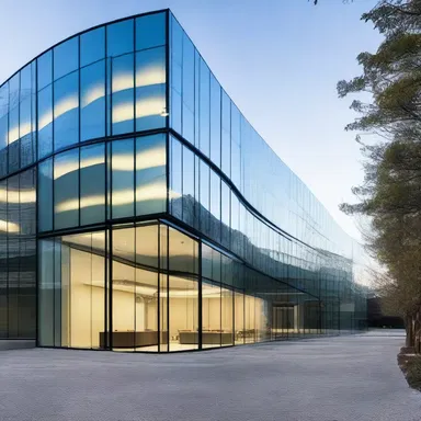 The modern office building featured a stunning glass façade with blisters created by the architect to enhance natural lighting inside.