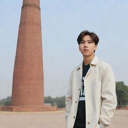 BTS member J-Hope standing near the Minar-e-Pakistan monument in a daytime setting