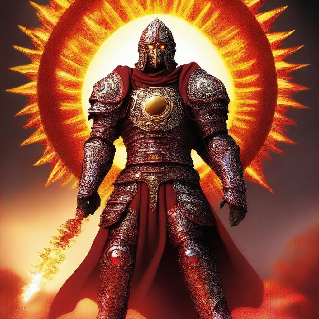 This is a striking digital art image of a sun warrior, his armor painted in shades of red and yellow