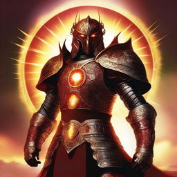 This is a striking digital art image of a sun warrior, his armor painted in shades of red and yellow