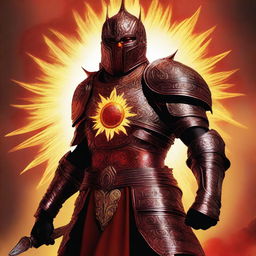 This is a striking digital art image of a sun warrior, his armor painted in shades of red and yellow