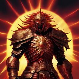 This is a striking digital art image of a sun warrior, his armor painted in shades of red and yellow