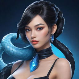 A depiction of Mobile Legends' character Valentina, styled in a black aesthetic ensemble, with an ice-blue snake artistically coiled around her neck.