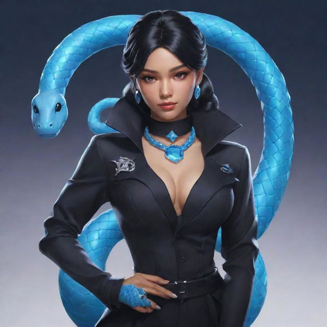 A depiction of Mobile Legends' character Valentina, styled in a black aesthetic ensemble, with an ice-blue snake artistically coiled around her neck.