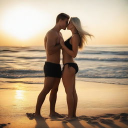 This is a high-resolution photograph capturing a romantic moment between a captivating blonde woman with subtle vampire fangs and a handsome man