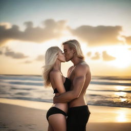 This is a high-resolution photograph capturing a romantic moment between a captivating blonde woman with subtle vampire fangs and a handsome man