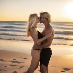 This is a high-resolution photograph capturing a romantic moment between a captivating blonde woman with subtle vampire fangs and a handsome man