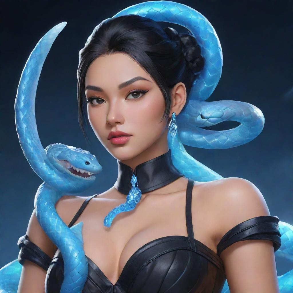 A depiction of Mobile Legends' character Valentina, styled in a black aesthetic ensemble, with an ice-blue snake artistically coiled around her neck.