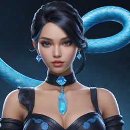 A depiction of Mobile Legends' character Valentina, styled in a black aesthetic ensemble, with an ice-blue snake artistically coiled around her neck.