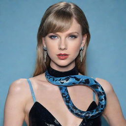 A rendering of Taylor Swift styled in black aesthetic attire with an ice-blue snake laying gracefully around her neck.