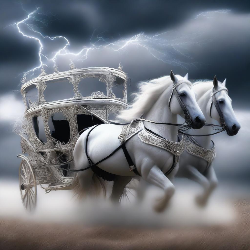 This digital art image portrays a storm-drawn carriage with silver highlights