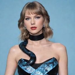 A rendering of Taylor Swift styled in black aesthetic attire with an ice-blue snake laying gracefully around her neck.