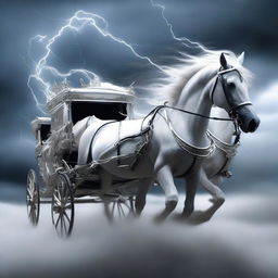 This digital art image portrays a storm-drawn carriage with silver highlights