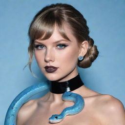 A rendering of Taylor Swift styled in black aesthetic attire with an ice-blue snake laying gracefully around her neck.