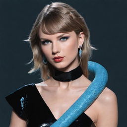 A rendering of Taylor Swift styled in black aesthetic attire with an ice-blue snake laying gracefully around her neck.