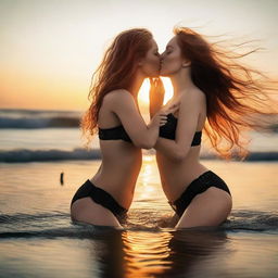 A high-resolution photograph of two stunning women, a redhead and a blonde, dressed in sexy black lingerie, passionately kissing on a beach against a setting sun backdrop