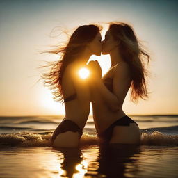 A high-resolution photograph of two stunning women, a redhead and a blonde, dressed in sexy black lingerie, passionately kissing on a beach against a setting sun backdrop