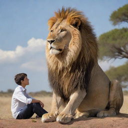 A majestic lion sitting across a human, both engaged in a conversational posture under an open sky.