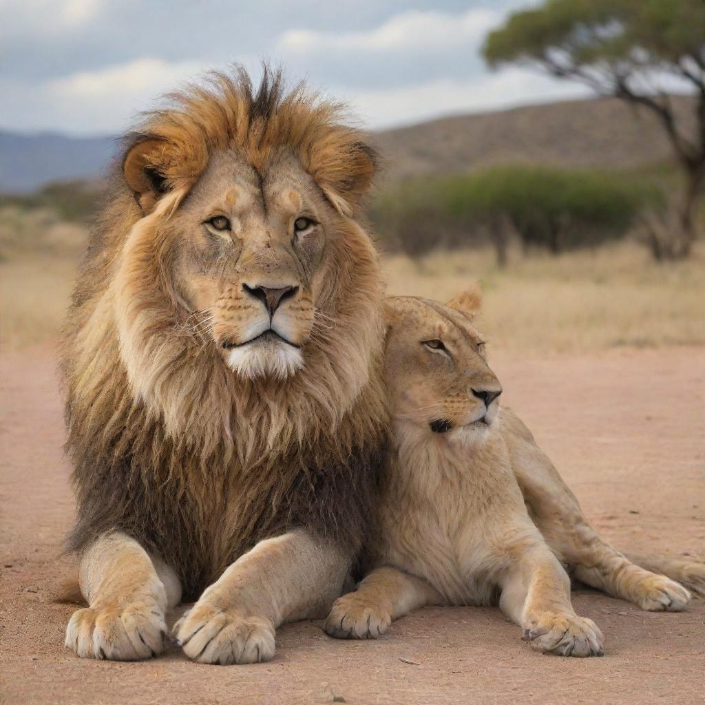 A majestic lion sitting across a human, both engaged in a conversational posture under an open sky.