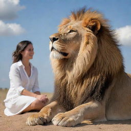 A majestic lion sitting across a human, both engaged in a conversational posture under an open sky.