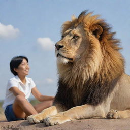 A majestic lion sitting across a human, both engaged in a conversational posture under an open sky.