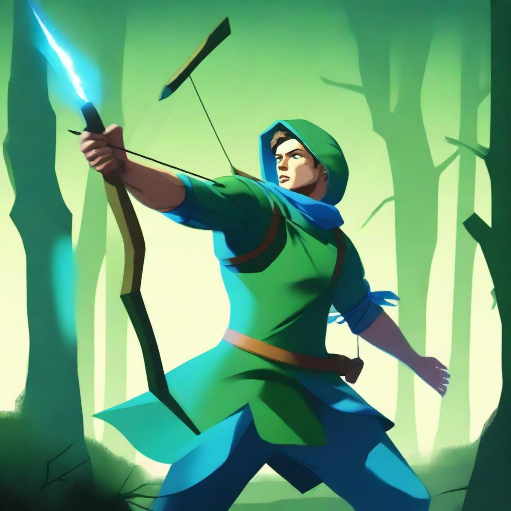 The image is a dynamic digital art piece of an explosive archer, dressed in forest green and sky blue clothes