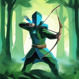 The image is a dynamic digital art piece of an explosive archer, dressed in forest green and sky blue clothes