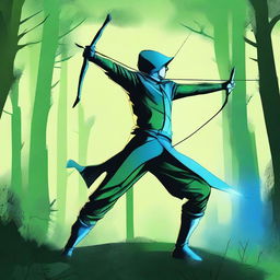 The image is a dynamic digital art piece of an explosive archer, dressed in forest green and sky blue clothes