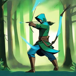 The image is a dynamic digital art piece of an explosive archer, dressed in forest green and sky blue clothes