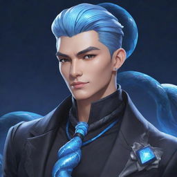 An illustration of Mobile Legends' character Xavier, adorned in a black aesthetic outfit, featuring an ice-blue snake smartly wrapped around his neck.