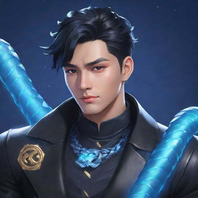 An illustration of Mobile Legends' character Xavier, adorned in a black aesthetic outfit, featuring an ice-blue snake smartly wrapped around his neck.