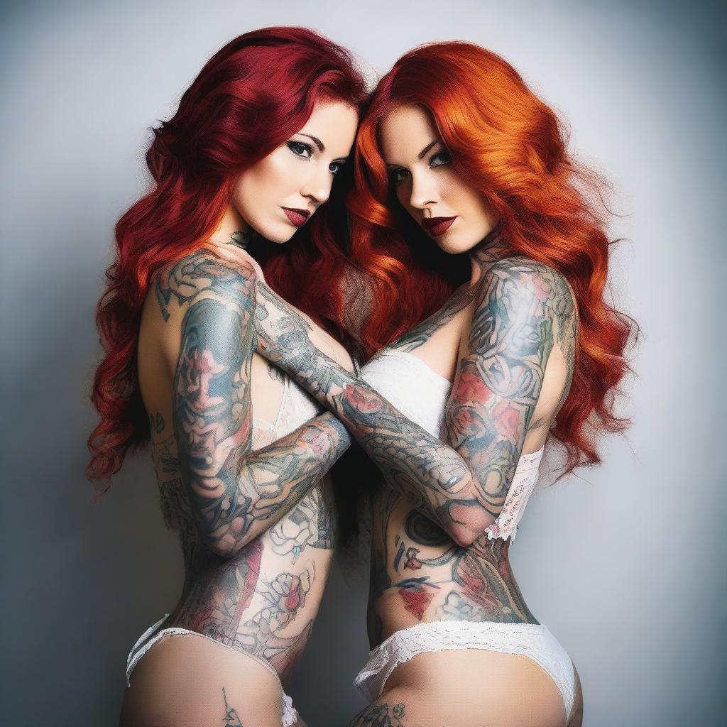 This is a high-quality, vibrant photograph that features two seductive women with tattoos
