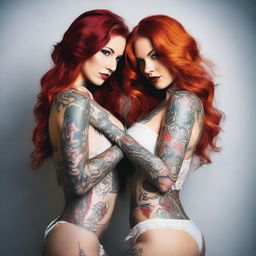 This is a high-quality, vibrant photograph that features two seductive women with tattoos