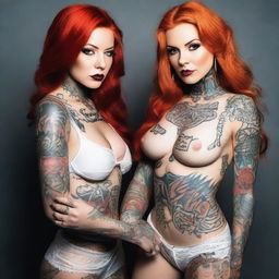 This is a high-quality, vibrant photograph that features two seductive women with tattoos