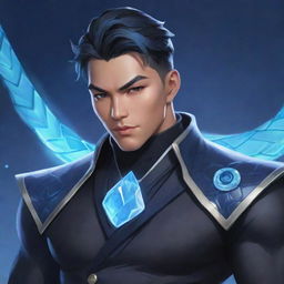 An illustration of Mobile Legends' character Xavier, adorned in a black aesthetic outfit, featuring an ice-blue snake smartly wrapped around his neck.