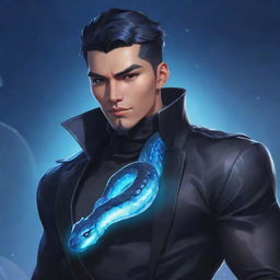 An illustration of Mobile Legends' character Xavier, adorned in a black aesthetic outfit, featuring an ice-blue snake smartly wrapped around his neck.