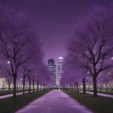 A city bathed in purple hues at nighttime, seamlessly integrating elements of nature, such as trees and parks, within its urban architecture