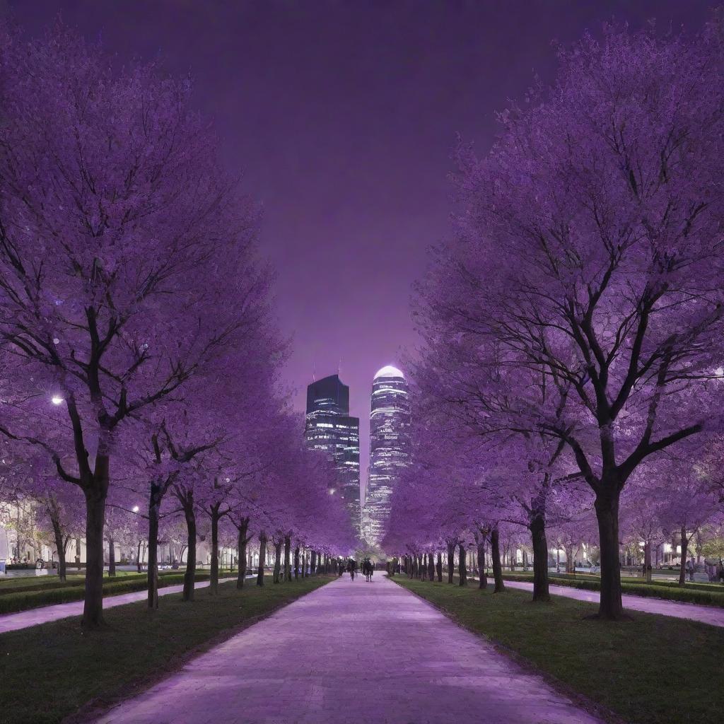 A city bathed in purple hues at nighttime, seamlessly integrating elements of nature, such as trees and parks, within its urban architecture