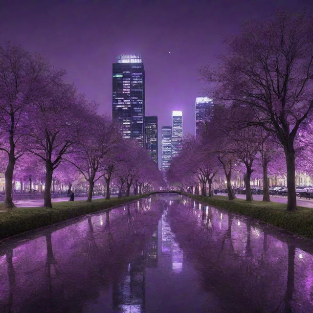 A city bathed in purple hues at nighttime, seamlessly integrating elements of nature, such as trees and parks, within its urban architecture