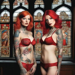 This high-quality photograph captures two alluring women with tattoos adorning their arms